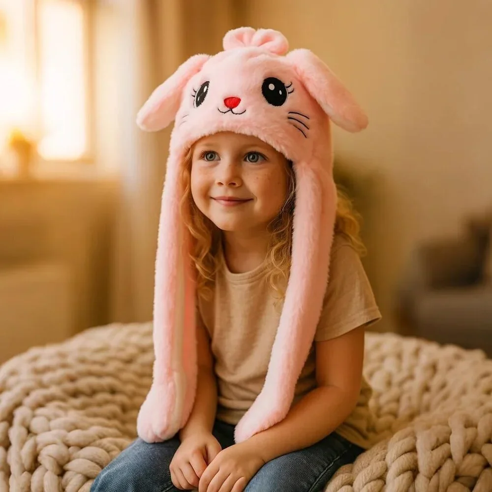 Kids Cat_pink Animal Hat with Ears Moving Jumping Pop Up Beating Plush Holiday